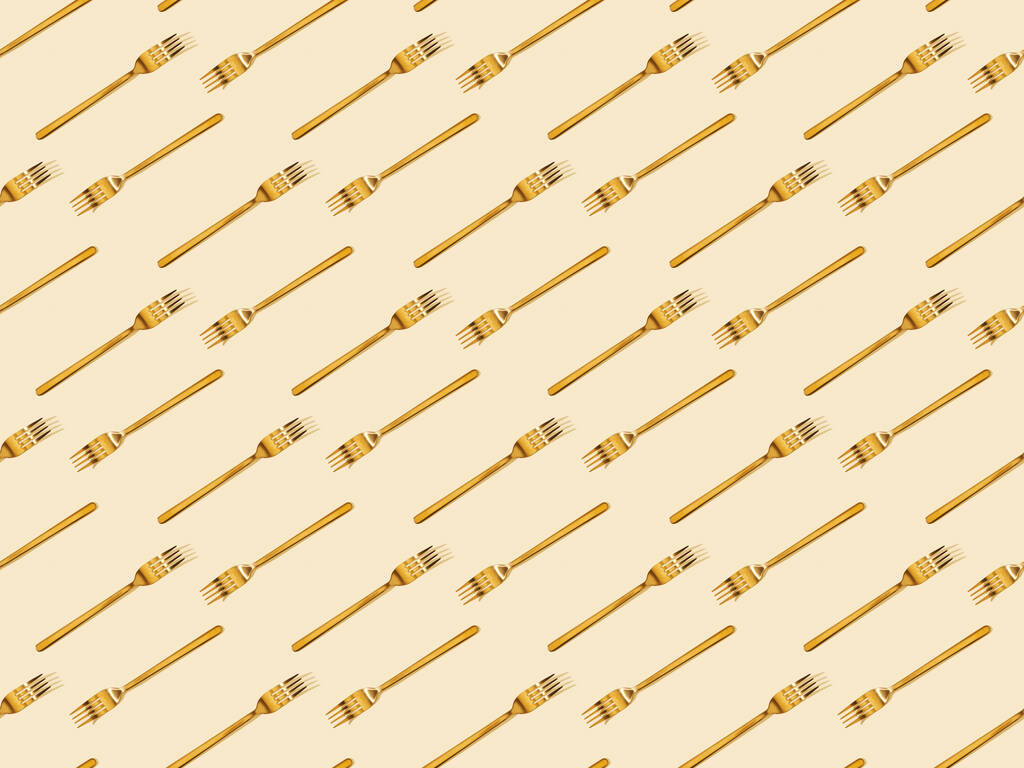 vista superior de garfos dourados isolados em bege, padrão de fundo sem costura
 - Foto, Imagem