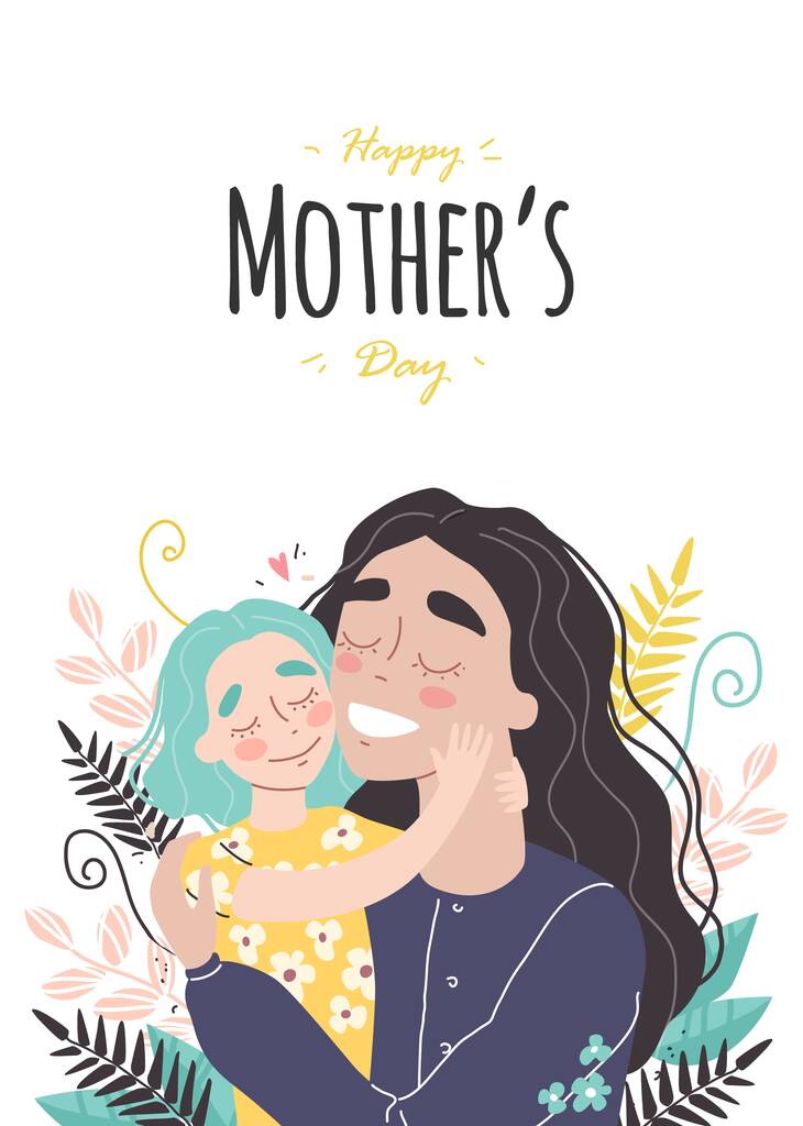 Carte de vœux de la fête des mères. Maman et fille sourient et s'embrassent. Vacances en famille et ensemble. Vecteur eps 10
 - Vecteur, image