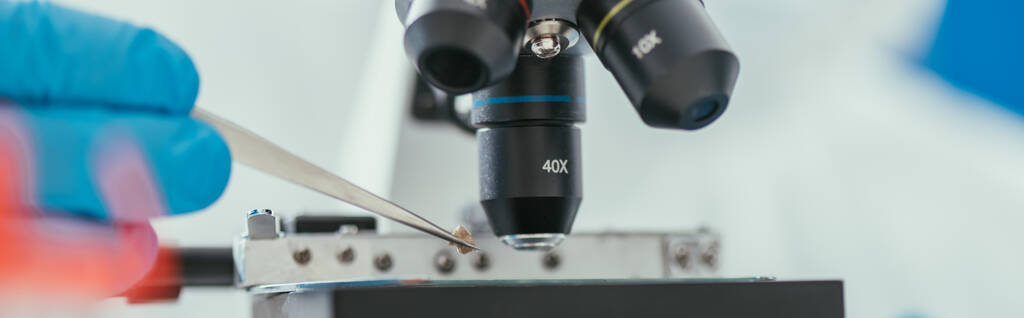 обрезанный вид биохимика, держащего пинцет возле микроскопа, панорамный снимок
 - Фото, изображение