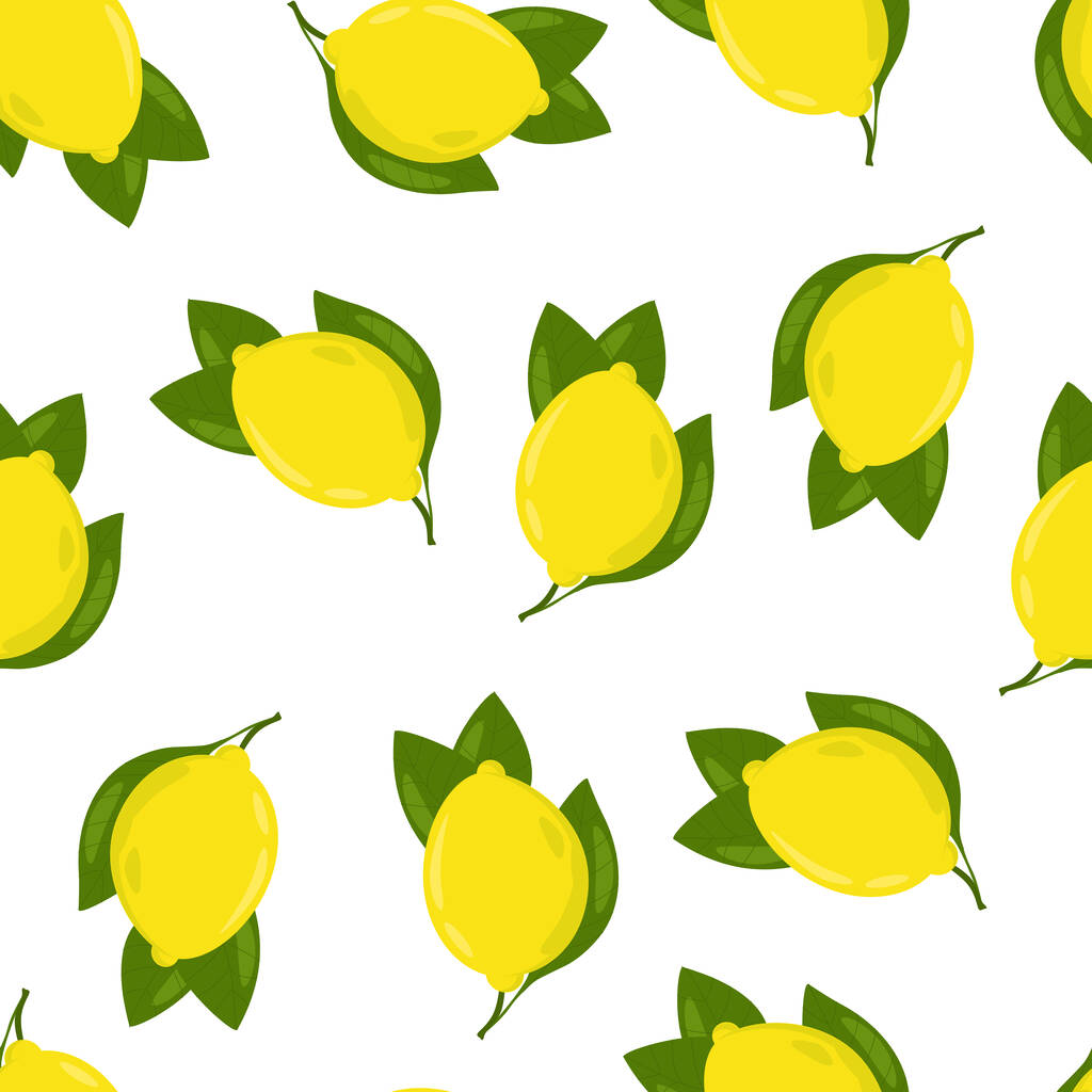 Bright pattern with yellow lemons and green leaves. Vector image on a white background. - Vector, Image