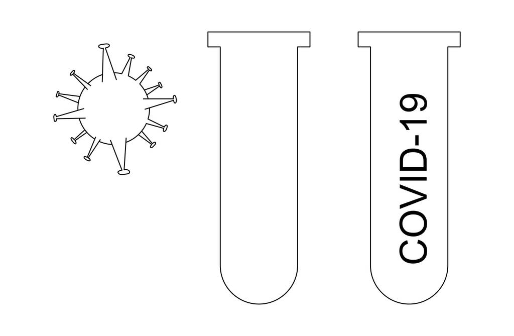 молекула коронавируса рядом с колбой с ковид-19 буквы изолированы на белом
 - Вектор,изображение