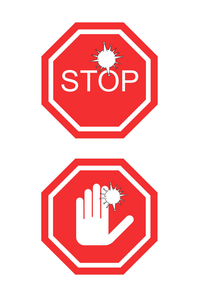 коронавирус красный без знаков со стоп-словом и рукой, изолированной на белом
 - Вектор,изображение