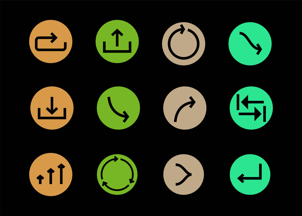 flechas en círculos multicolores y diferentes direcciones aisladas en negro
 - Vector, imagen