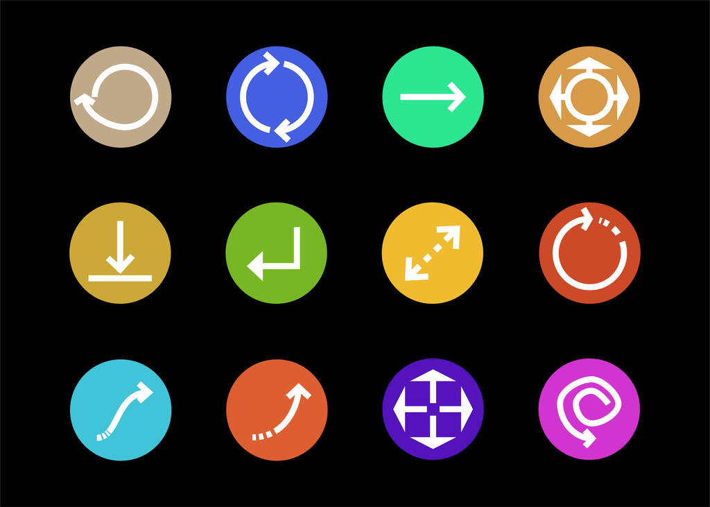 flechas en círculos multicolores y diferentes direcciones aisladas en negro
 - Vector, imagen