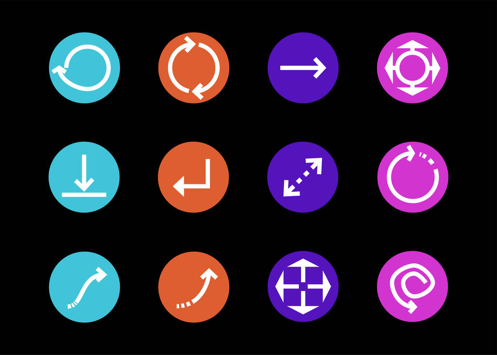 setas em círculos multicoloridos e diferentes direções isoladas em preto
 - Vetor, Imagem