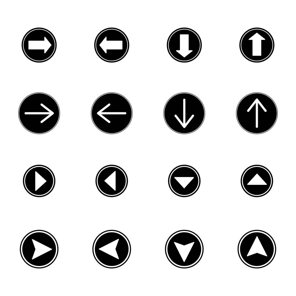  flechas en círculos negros en diferentes direcciones aisladas en blanco
 - Vector, imagen