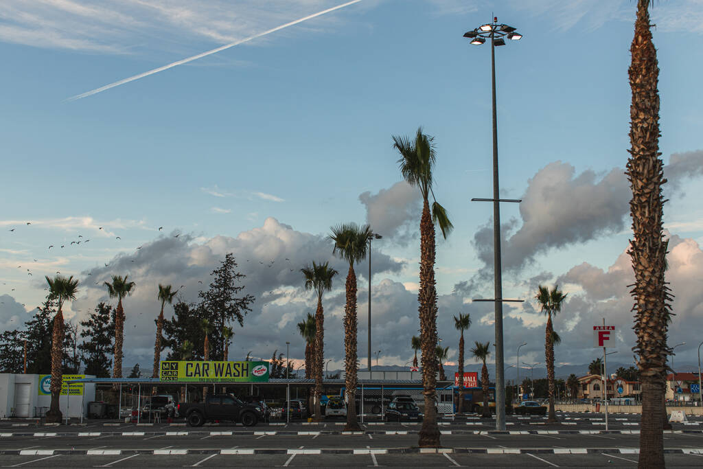 PAPHOS, KYPROS - maaliskuu 31, 2020: autopesula lähellä auto- ja vihreitä palmuja
  - Valokuva, kuva