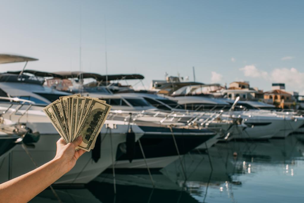 cropped view of woman holding dollar banknotes near yachts in mediterranean sea - Photo, Image
