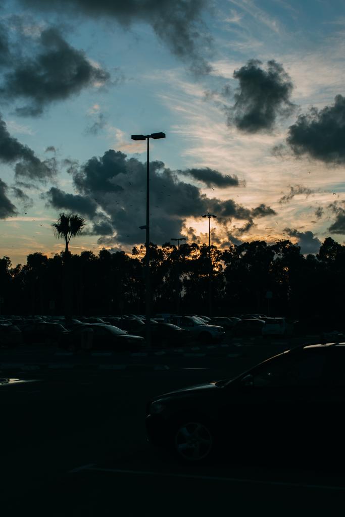 coches modernos en el aparcamiento durante la puesta del sol en la noche
  - Foto, Imagen