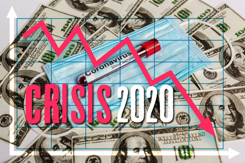 billetes de dólar, máscara médica y muestra de sangre coronavirus sobre fondo blanco, crisis 2020 ilustración
 - Foto, imagen