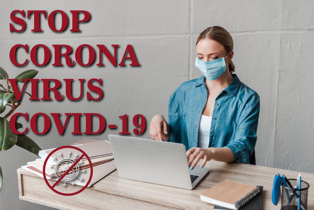 mulher em máscara médica trabalhando com laptop no escritório, parar ilustração coronavírus
 - Foto, Imagem