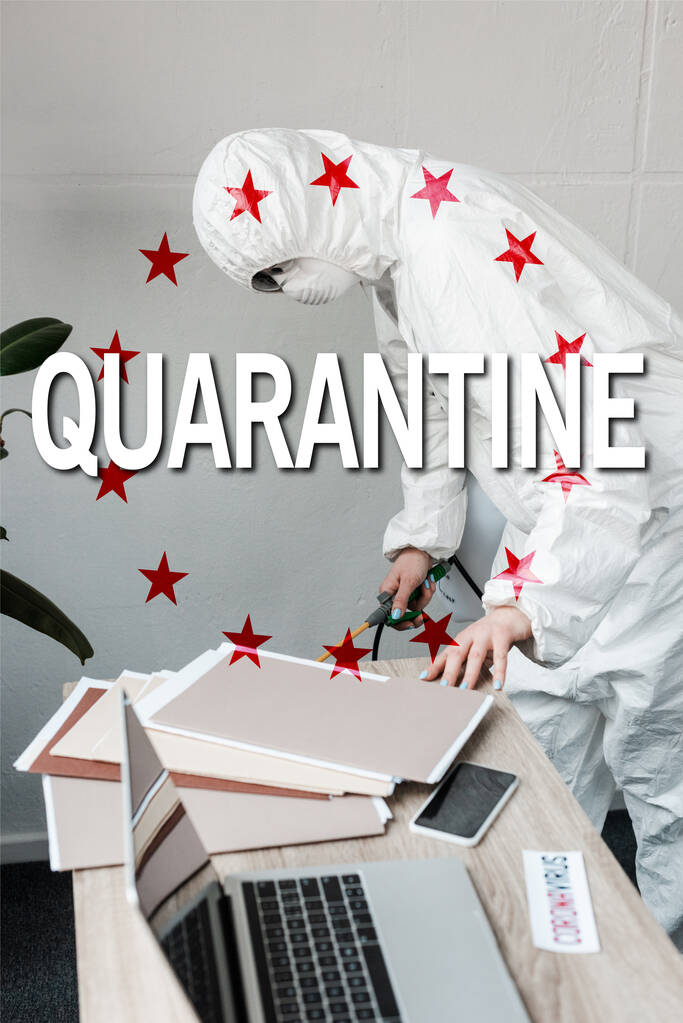 person in white hazmat suit, respirator and goggles disinfecting workplace in office, quarantine illustration - Photo, Image