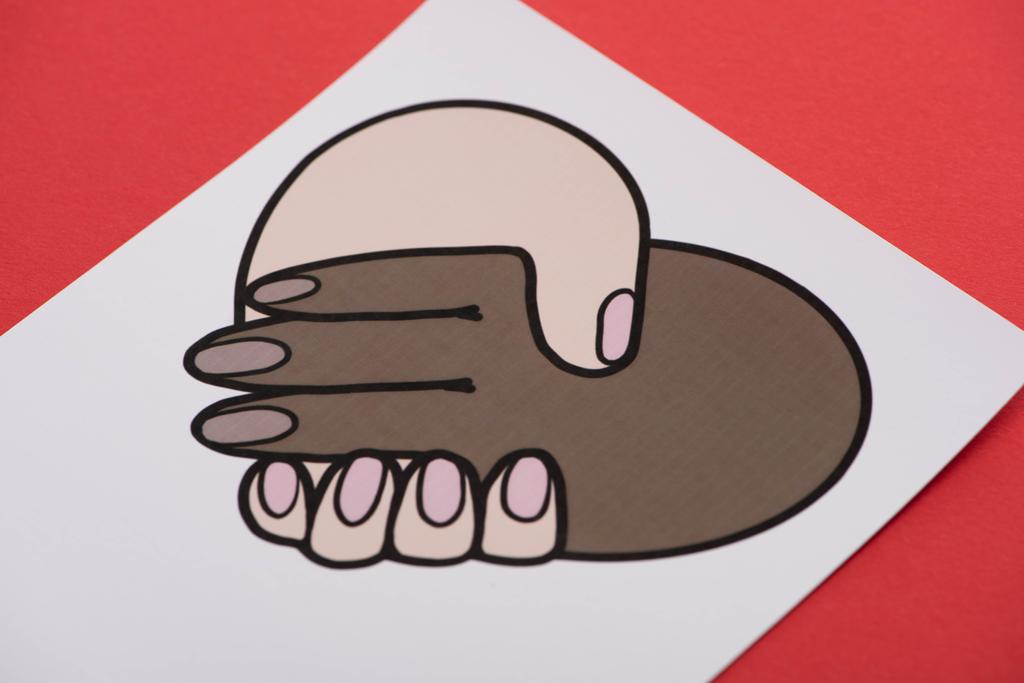 Bild mit multiethnischem Händedruck auf rotem Hintergrund - Foto, Bild
