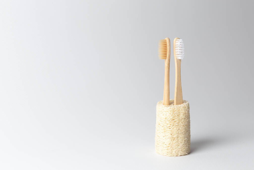 Two toothbrushes made of natural wood are inserted into the natural ecological loofah. on white background. - Photo, Image