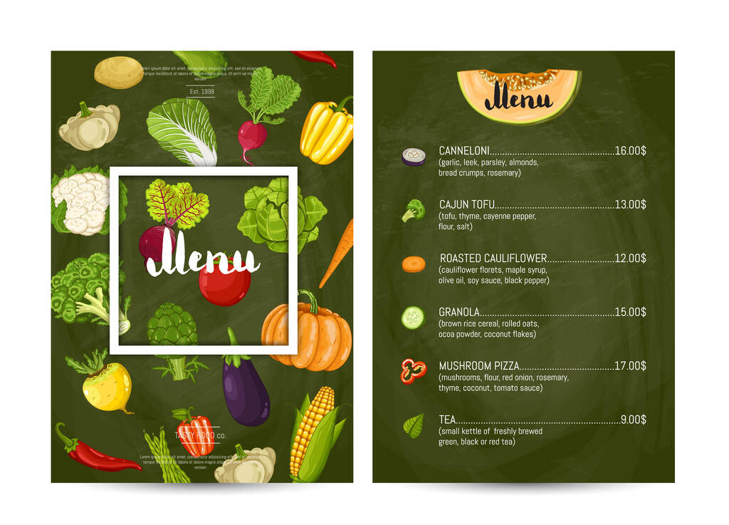 Vegetariánská restaurace jídlo menu design vektorové ilustrace. Vegan kavárna, ceník vegetariánské výživy, organické potraviny, zdravá strava. Menu šablona s mrkví, lilkem, zelím, rajčaty, ředkvičkami - Vektor, obrázek