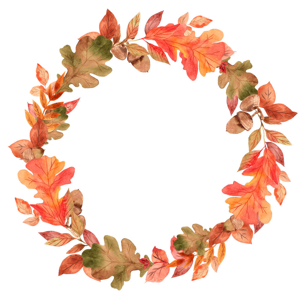 Grinalda com folhas de outono e bolotas, aquarela mão desenhar elemento floral no fundo branco para impressão, convite de casamento
 - Foto, Imagem