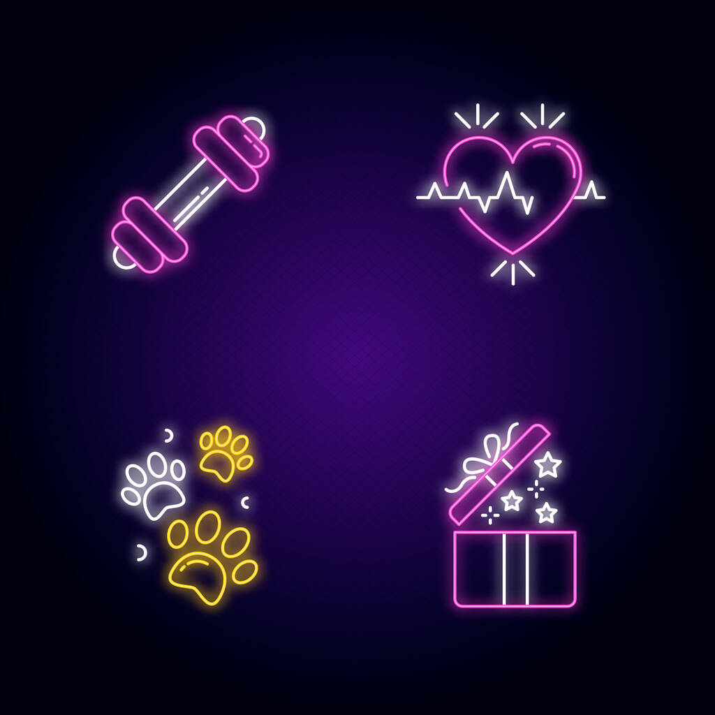 Lifestyle neon light icons set. Gym workout. Dumbbell for exercise. Heart rate. Cardio healthcare. Pet paw prints. Open gift. Signs with outer glowing effect. Vector isolated RGB color illustrationss - Vector, Image
