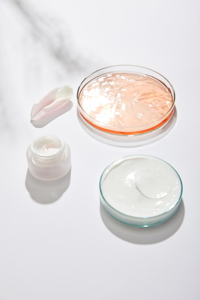 Лабораторний скляний посуд з косметичним кремом і рідиною і трояндовим листом на білому тлі з тіні
 - Фото, зображення