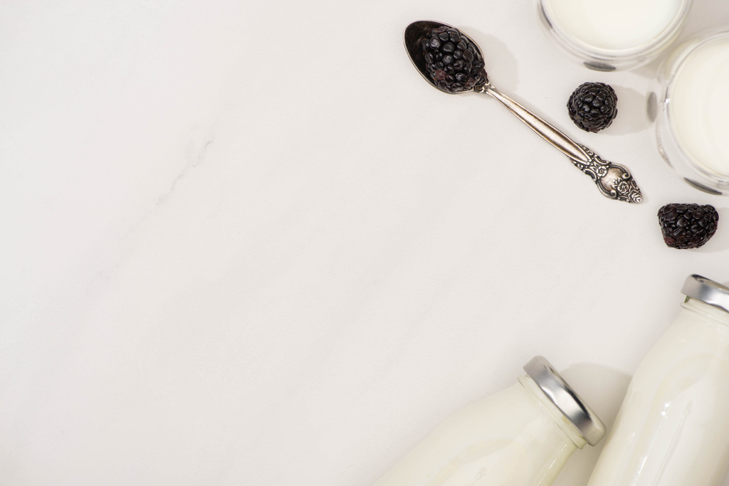 Top view of bottles and glasses of homemade yogurt and teaspoon with blackberries on white background - Photo, Image