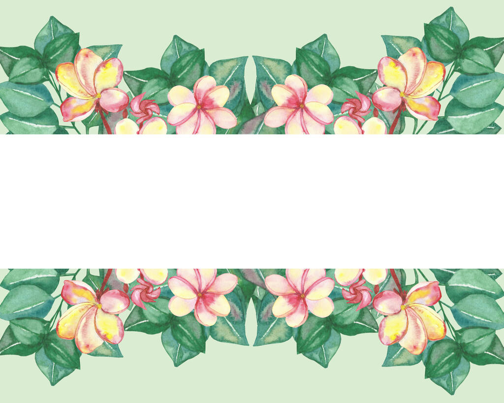 Aquarell handbemalte Natur florale Bannerkomposition mit rosa Blüten und grünen Eukalyptusblättern auf Zweig auf weißem Hintergrund für Einladungs- und Grußkarten mit Platz für Text - Foto, Bild