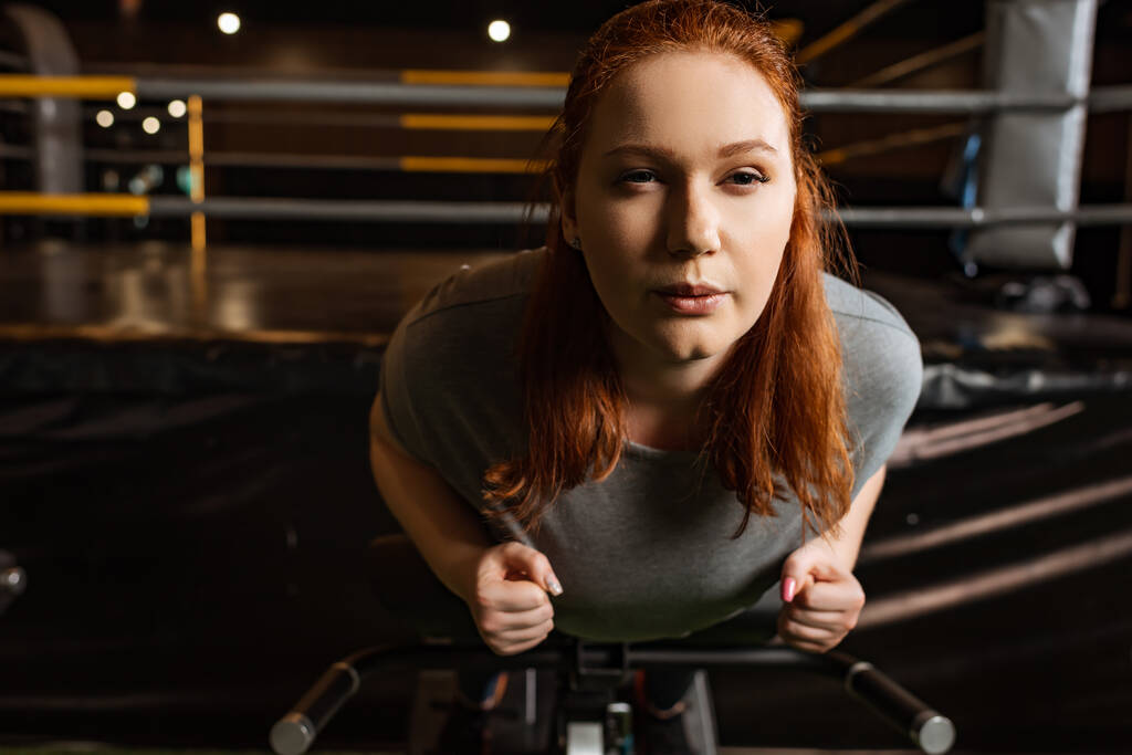集中的な太りすぎの女の子はトレーニングマシン上で低い背部延長運動を行う - 写真・画像