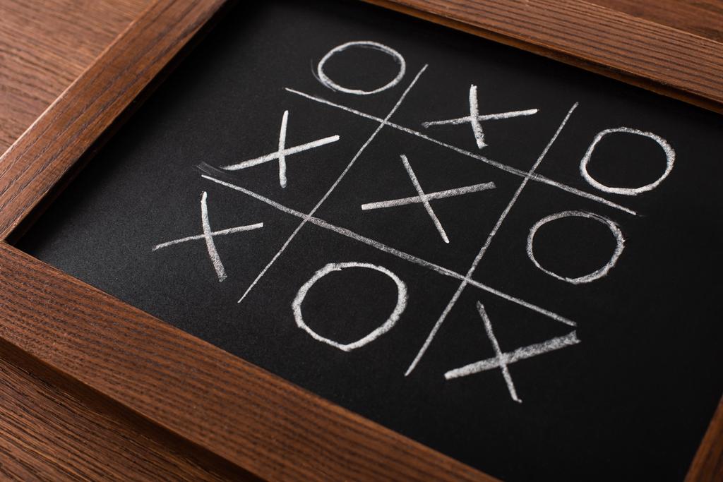 tic tac teen spel op schoolbord met krijt raster, naughts en kruisen op houten oppervlak - Foto, afbeelding