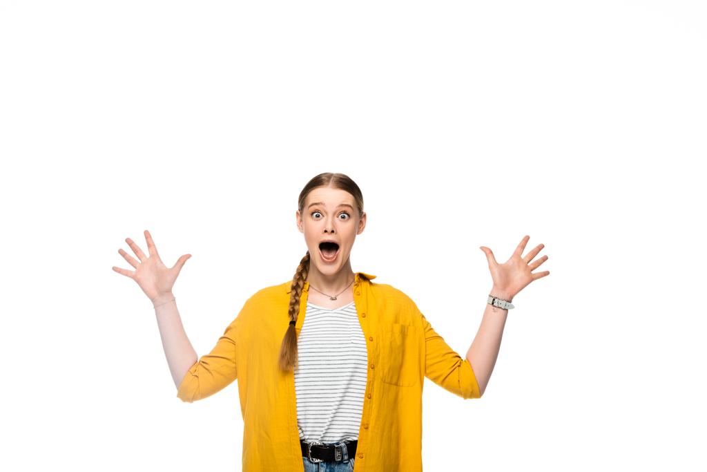 scared pretty girl with braid screaming isolated on white - Photo, Image