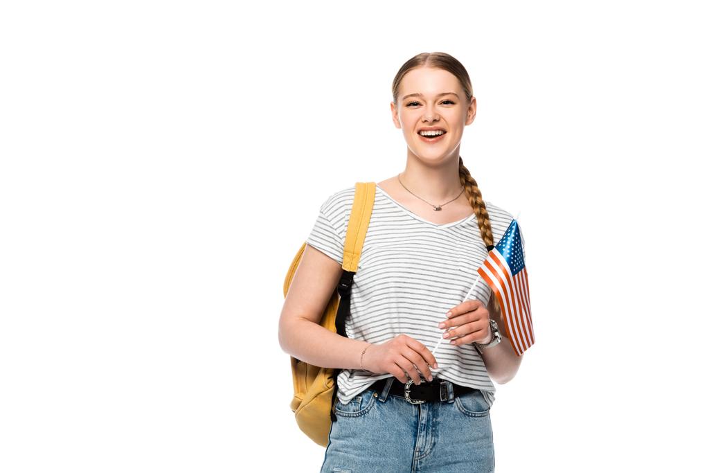 happy pretty student with backpack and american flag isolated on white - Photo, Image