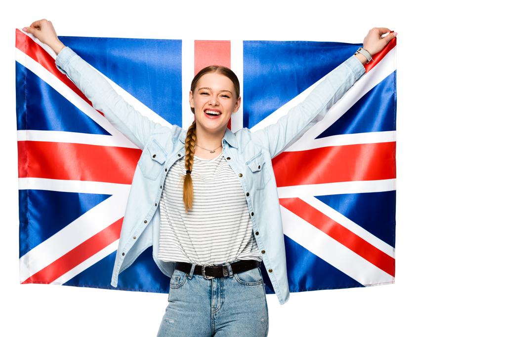 menina bonita feliz com trança segurando bandeira uk isolado no branco
 - Foto, Imagem