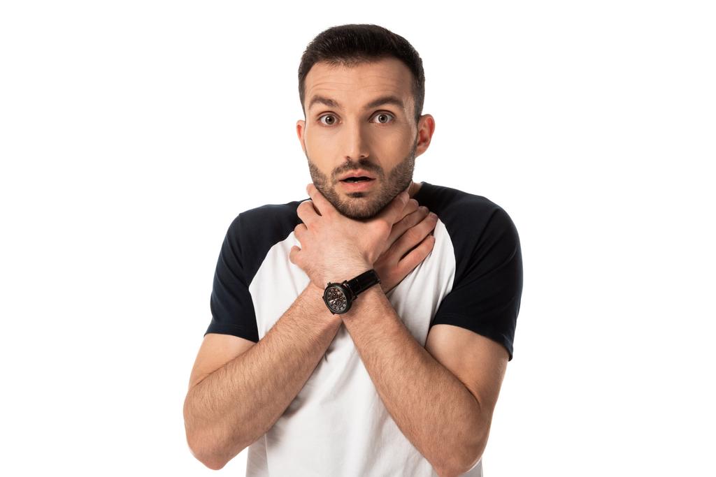 shocked man touching sore throat isolated on white - Photo, Image