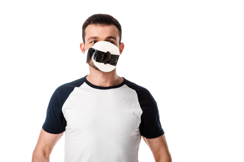 uomo con scotch e carta igienica sul viso isolato su bianco
  - Foto, immagini