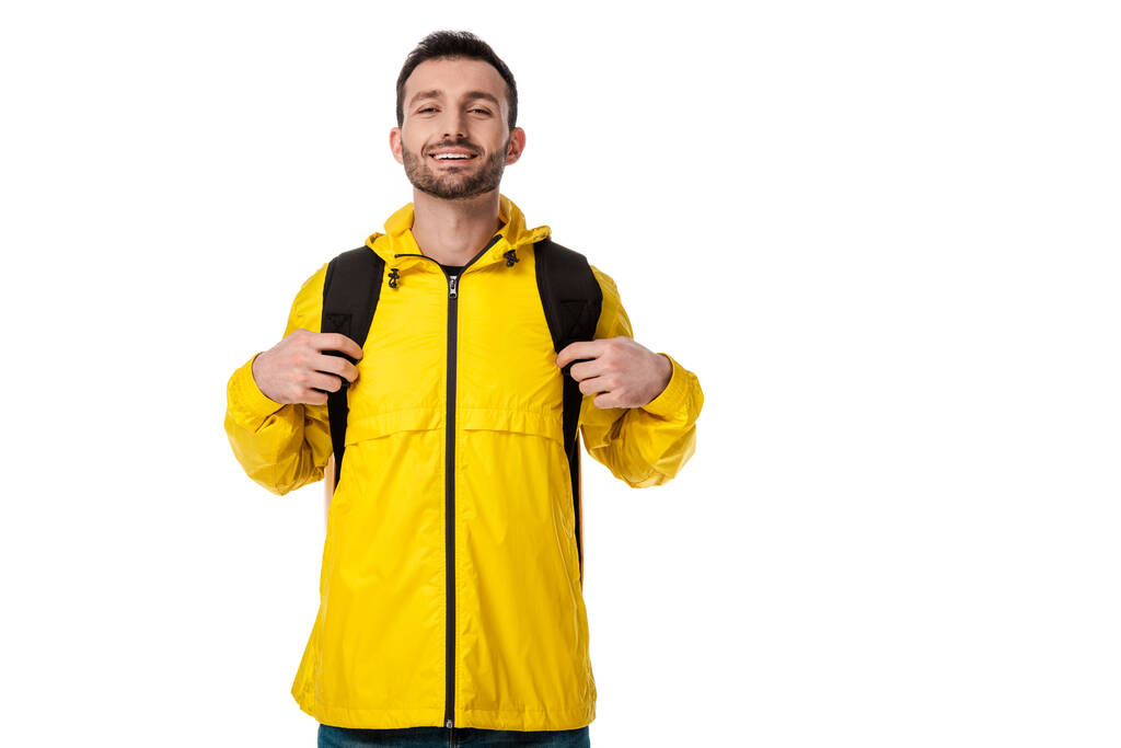 happy delivery man with backpack isolated on white  - Photo, Image