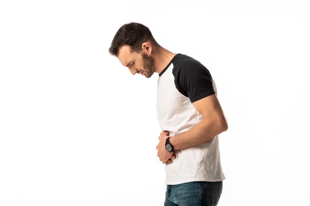 άρρωστος άνθρωπος αγγίζοντας το στομάχι, ενώ έχουν ναυτία απομονώνονται σε λευκό  - Φωτογραφία, εικόνα
