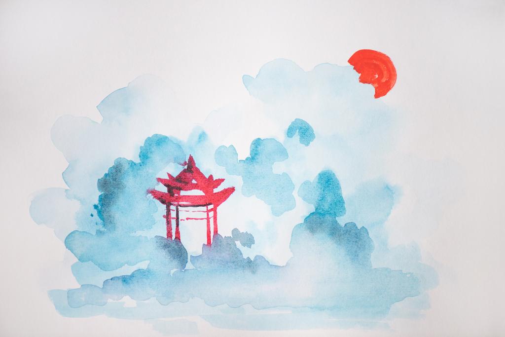 Japanese painting with temple on white background - Photo, Image