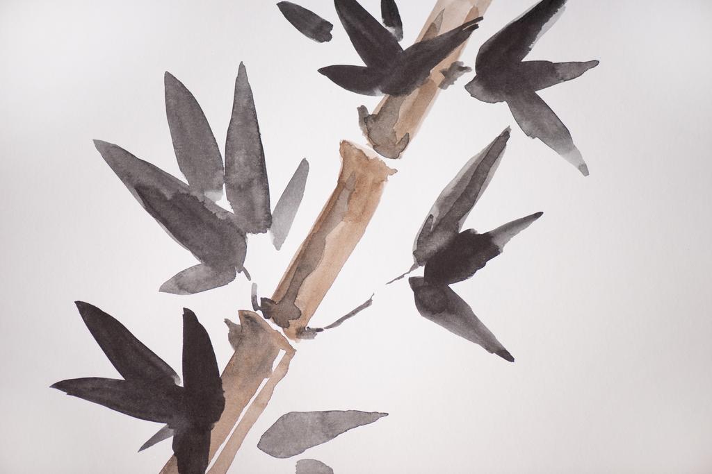 Japanische Malerei mit Bambus und Blättern auf weißem Hintergrund - Foto, Bild