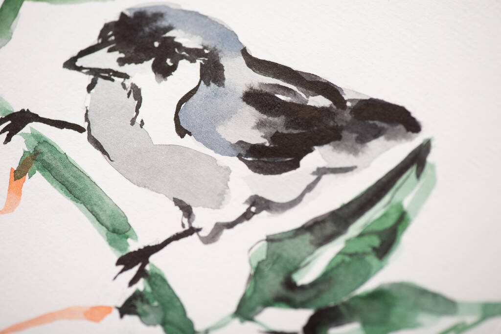 Japanese painting with bird on branch on white - Photo, Image