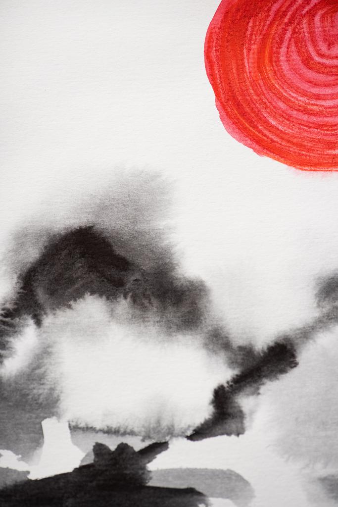 Japanese painting with hill and red sun on white background - Photo, Image