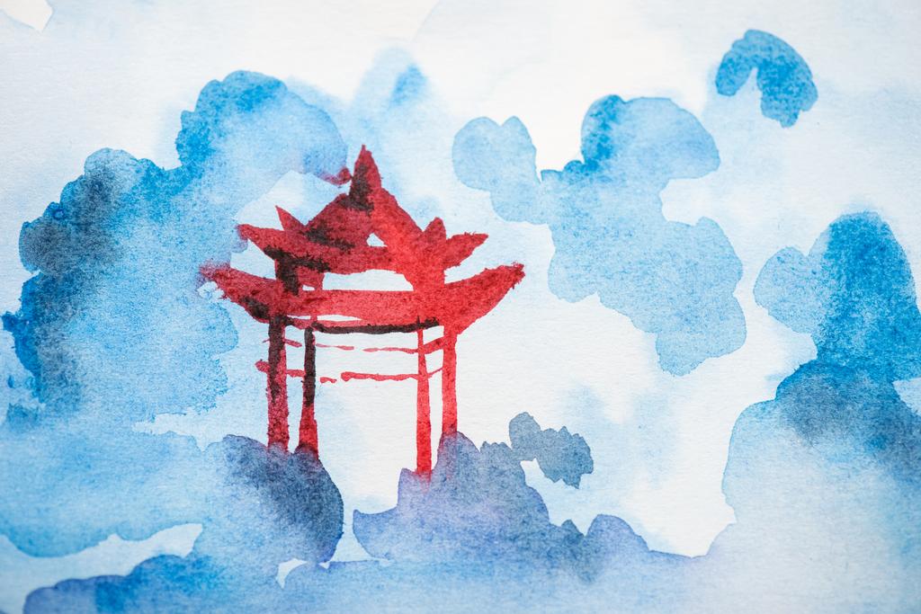 Japonská malba s chrámem a modrými mraky - Fotografie, Obrázek