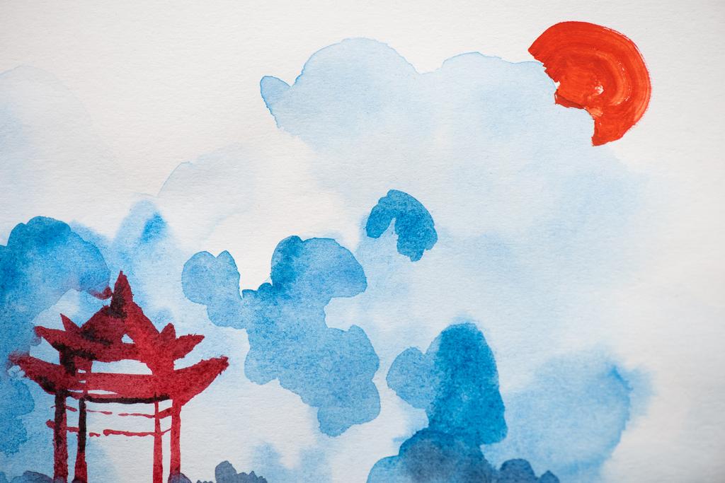 Pittura giapponese con tempio, sole e nuvole su bianco
 - Foto, immagini