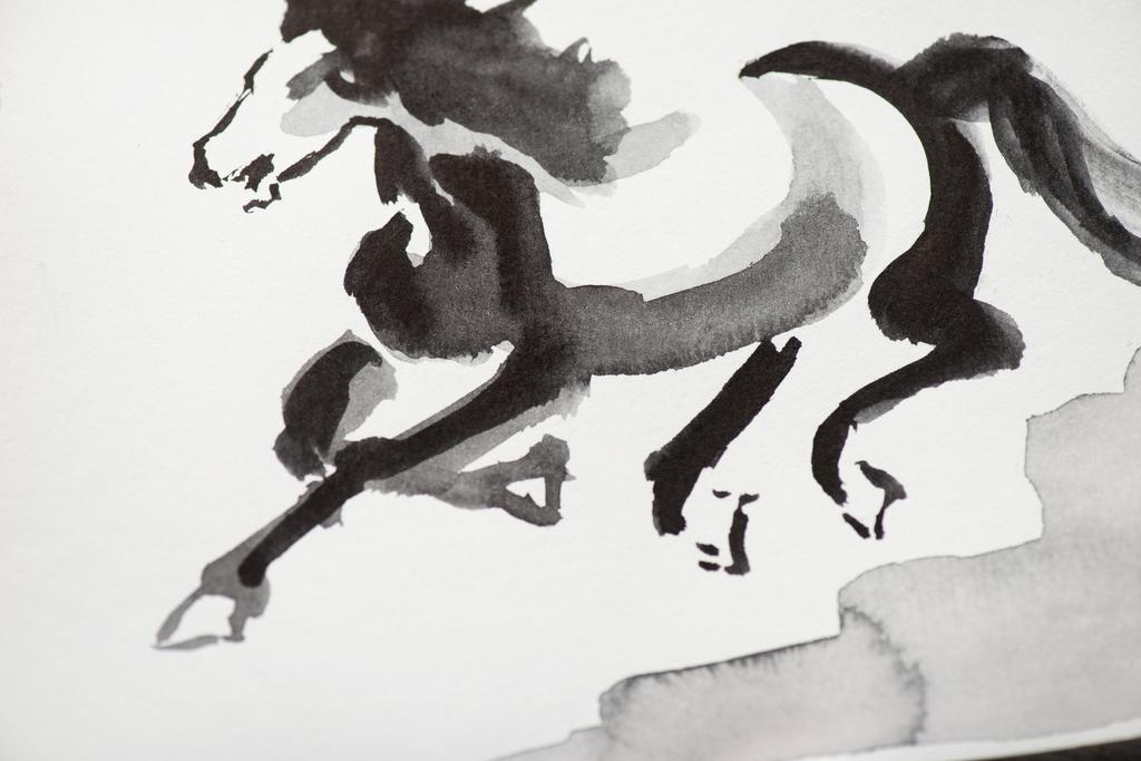 Χαρτί με γιαπωνέζικη ζωγραφική με γκρι άλογο - Φωτογραφία, εικόνα