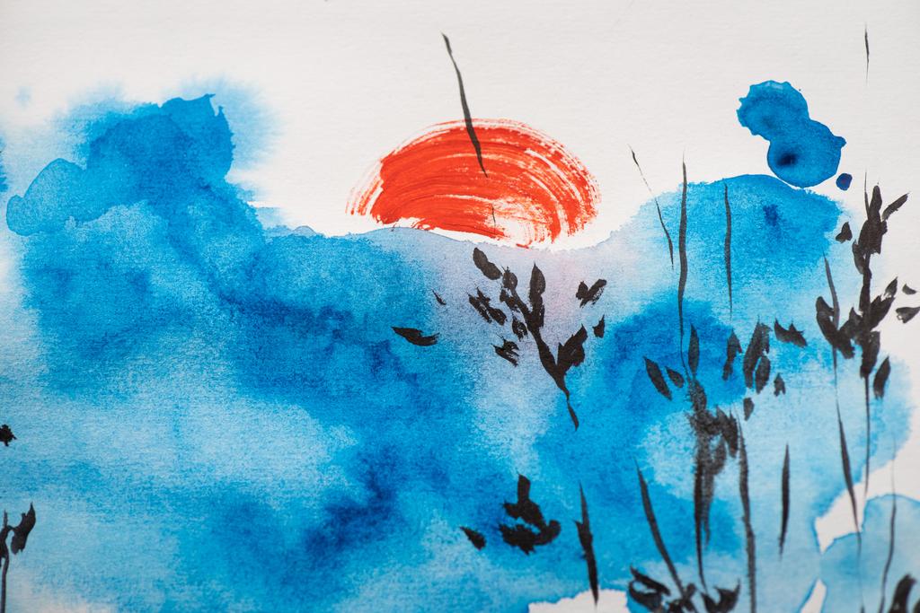 Japanische Malerei mit blauem Himmel, Zweigen und Sonne auf Weiß - Foto, Bild
