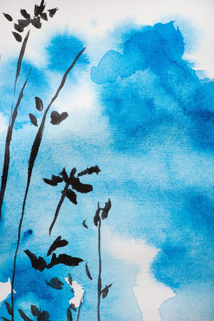 Japanse schilderkunst met blauwe lucht en takken op wit - Foto, afbeelding