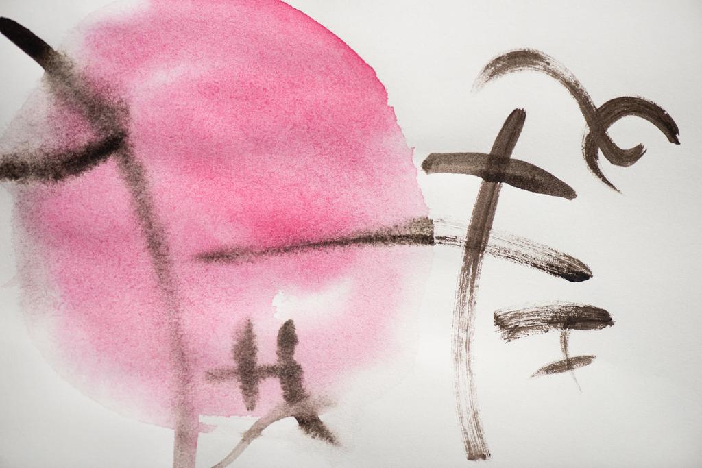 Japanse schilderkunst met hiërogliefen en roze cirkel op witte achtergrond - Foto, afbeelding