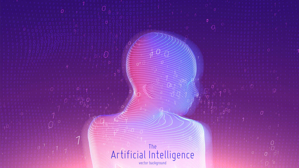 İnsan Büyük Veri Görselleştirmesi. Gelecekçi Yapay Zeka kavramı. Siber zihin estetik tasarımı. Makine öğrenimi. Holografik figür ve ikili veri biçiminde karmaşık veri iplikleri - Vektör, Görsel