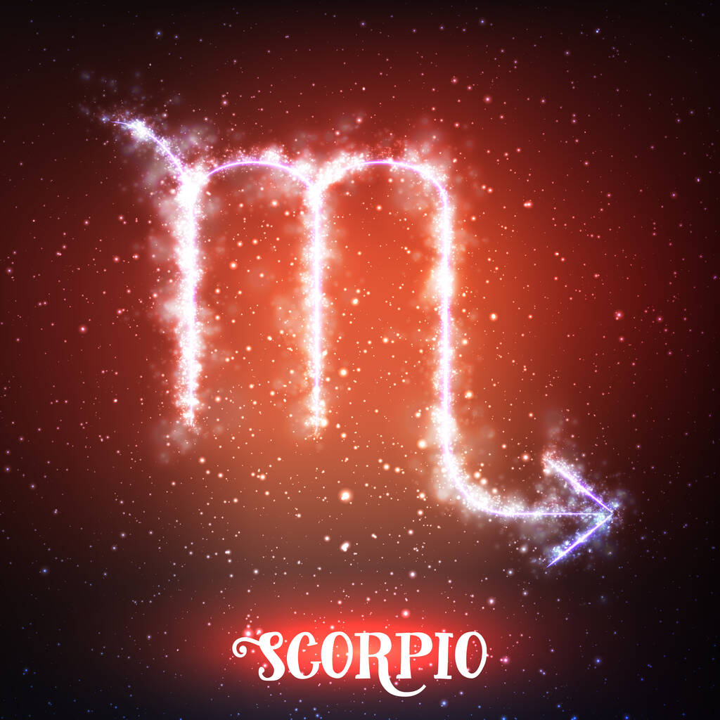 Signo zodiacal abstracto vectorial Escorpio sobre un fondo rojo oscuro del espacio con estrellas brillantes. Nebulosa en forma de signo del zodiaco Escorpio. Signo brillante del zodiaco Escorpio, El Escorpión Griego: Skorpios
 - Vector, imagen