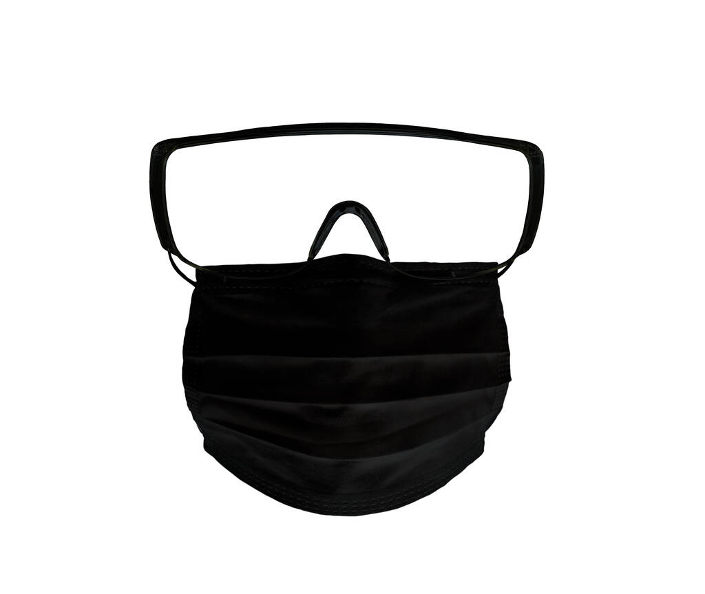 jedna černá lékařská obličejová maska s bezpečnostními brýlemi (ochrannými brýlemi) na bílém pozadí, izolovaný, koncept epidemie koronaviru - Fotografie, Obrázek