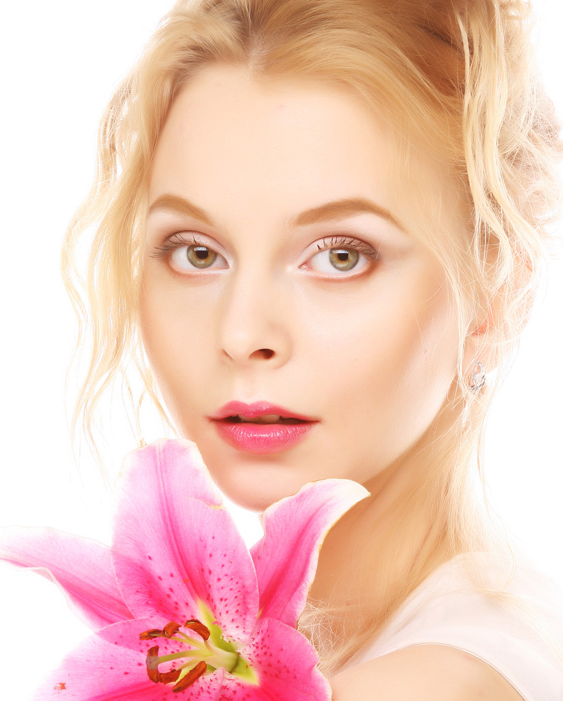 Mulher com lírio rosa retrato high-key
 - Foto, Imagem