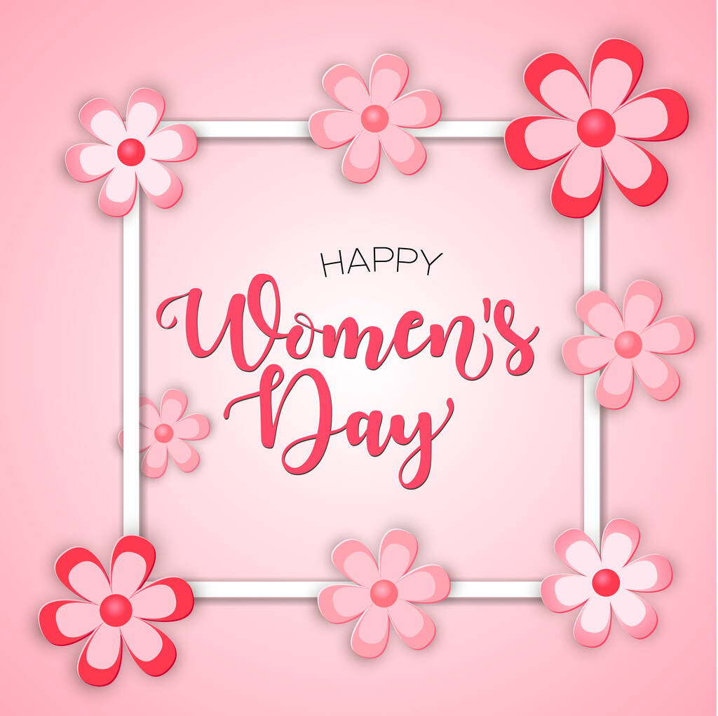Happy Woman 's Day! Paper Cut Stil.! Vektor-Schriftzeichnung mit Blumen auf rosa Hintergrund.  - Vektor, Bild