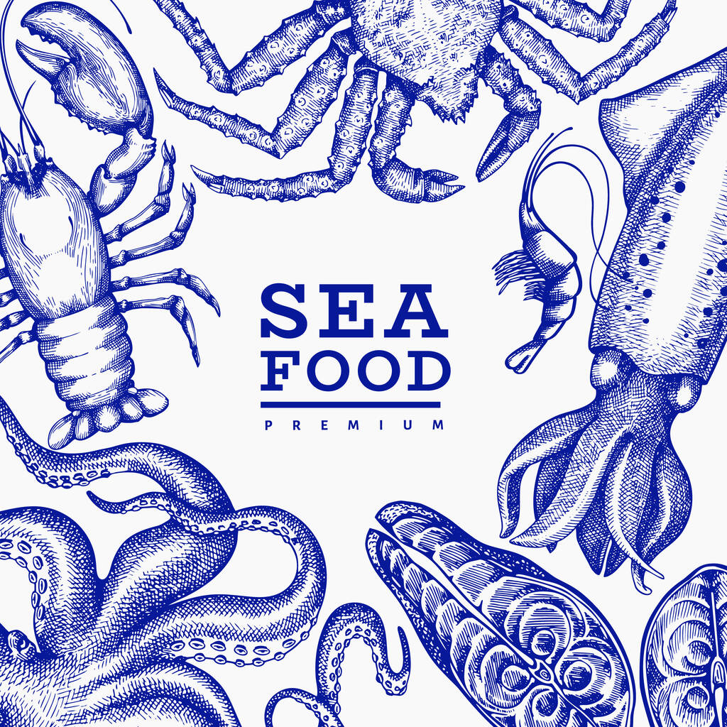 Meeresfrüchte-Design-Vorlage. Handgezeichnete Vektorillustration von Meeresfrüchten. Lebensmittelbanner mit Gravur. Vintage Meerestiere Hintergrund - Vektor, Bild