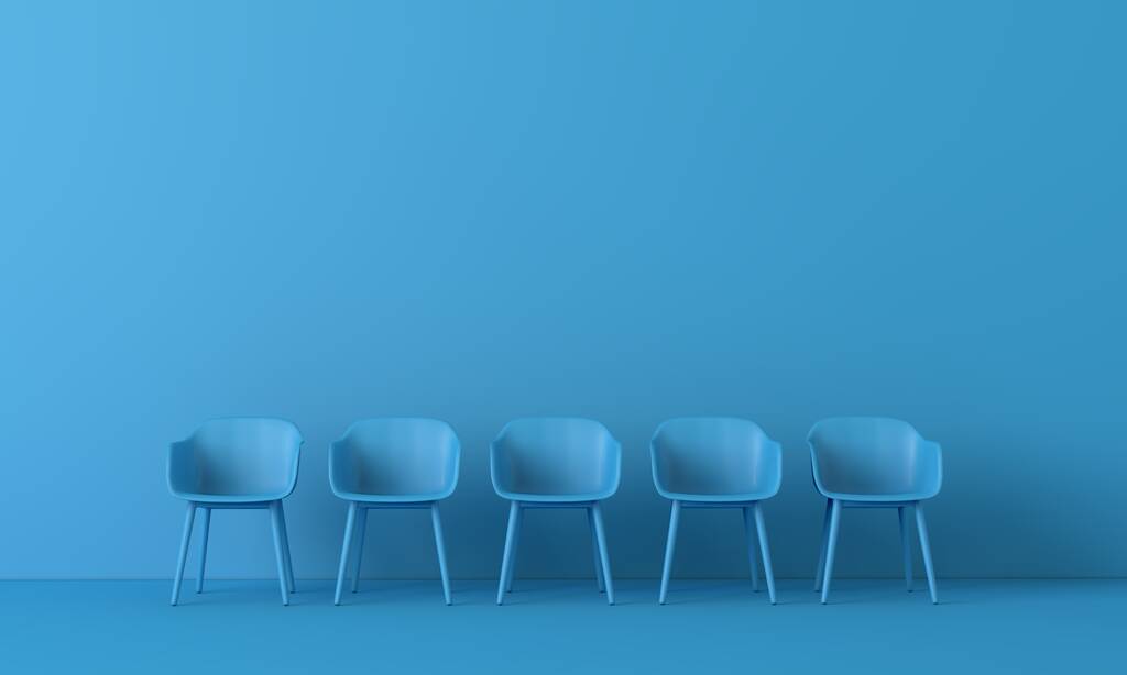 Reihe blauer Stühle. Geschäftskonzept. 3D-Rendering - Foto, Bild